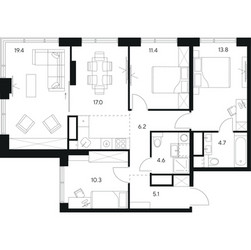 Планировка 4+ комнатной(квартира) площадью 92.5 квадратных метров в ЖК “ЖК Нексус от Аквилон”