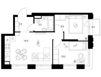 Планировка двухкомнатной(квартира) площадью 46.5 квадратных метров в ЖК “ЖК Москворечье”