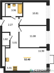 Планировка двухкомнатной(квартира) площадью 52.4 квадратных метров в ЖК “ЖК Пригород Лесное”