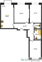 Планировка трехкомнатной(квартира) площадью 75.37 квадратных метров в “ЖК Квартал Домашний”