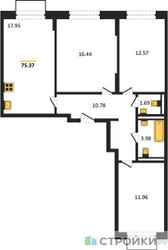Планировка трехкомнатной(квартира) площадью 75.37 квадратных метров в ЖК “ЖК Квартал Домашний”
