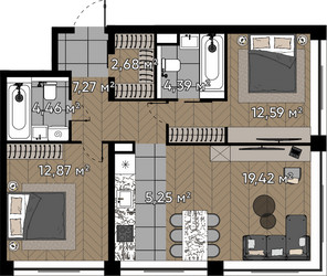 Планировка двухкомнатной(квартира) площадью 68.9 квадратных метров в ЖК “ЖК Квартал Серебряный бор”