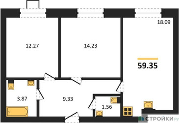 Планировка двухкомнатной(квартира) площадью 59.35 квадратных метров в ЖК “ЖК Мечта”