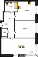 Планировка двухкомнатной(квартира) площадью 53.7 квадратных метров в “ЖК Квартал Герцена”