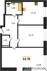 Планировка двухкомнатной(квартира) площадью 53.7 квадратных метров в ЖК “ЖК Квартал Герцена”