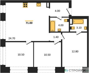 Планировка трехкомнатной(квартира) площадью 71 квадратных метров в ЖК “ЖК Wave (Вейв)”