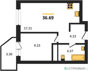 Планировка однокомнатной(квартира) площадью 36.69 квадратных метров в ЖК “ЖК ВОСТОК II”