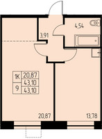 Планировка однокомнатной(квартира) площадью 43.1 квадратных метров в “ЖК Дом на Студенческом”