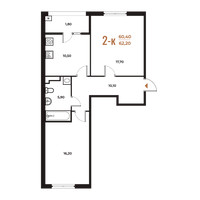 Планировка двухкомнатной(квартира) площадью 62.1 квадратных метров в “ЖК Новое Летово”
