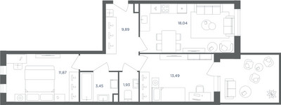 Планировка трехкомнатной(квартира) площадью 58.6 квадратных метров в ЖК “ЖК Равновесие”