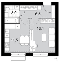 Планировка однокомнатной(квартира) площадью 35 квадратных метров в ЖК “ЖК Дубровицы клаб”