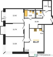 Планировка трехкомнатной(квартира) площадью 81.27 квадратных метров в “ЖК Долина Яузы”
