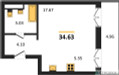 Планировка студии(квартира) площадью 34.45 квадратных метров в “ЖК Одинбург”