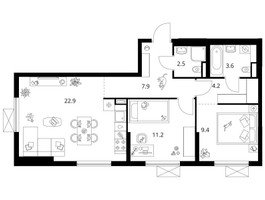 Планировка двухкомнатной(квартира) площадью 60.8 квадратных метров в “ЖК Саларьево парк”
