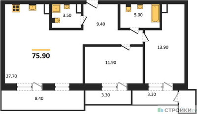 Планировка двухкомнатной(квартира) площадью 75.9 квадратных метров в ЖК “Отрада на реке”