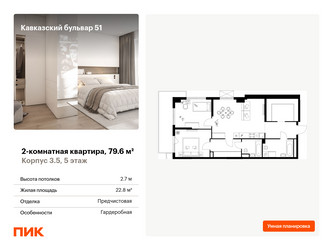 Планировка двухкомнатной(квартира) площадью 79.6 квадратных метров в ЖК “ЖК Кавказский бульвар 51”