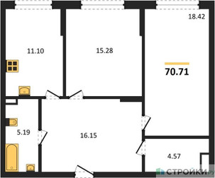 Планировка двухкомнатной(квартира) площадью 70.71 квадратных метров в ЖК “ЖК Riga Hills (Рига Хиллс)”