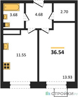Планировка однокомнатной(квартира) площадью 36.54 квадратных метров в “ЖК Новотомилино”