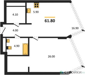 Планировка однокомнатной(квартира) площадью 61.8 квадратных метров в ЖК “ЖК Монблан”