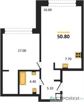 Планировка однокомнатной(квартира) площадью 50.8 квадратных метров в “ЖК Монблан”