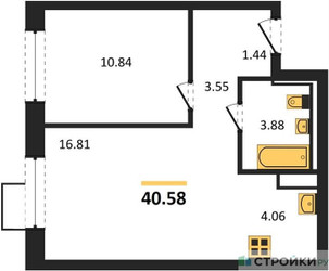 Планировка однокомнатной(квартира) площадью 40.58 квадратных метров в ЖК “ЖК Алхимово”