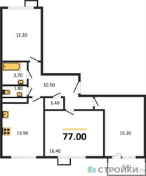 Планировка трехкомнатной(квартира) площадью 77 квадратных метров в ЖК “ЖК Датский Квартал”