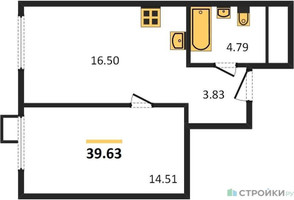 Планировка однокомнатной(квартира) площадью 39.63 квадратных метров в “ЖК Апарт-отель Тропарево парк”