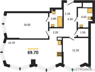 Планировка двухкомнатной(квартира) площадью 69.7 квадратных метров в ЖК “Акценты”