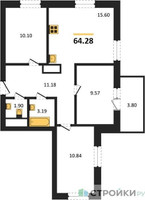 Планировка трехкомнатной(квартира) площадью 64.28 квадратных метров в “ЖК ВОСТОК II”