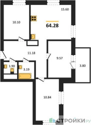 Планировка трехкомнатной(квартира) площадью 64.28 квадратных метров в ЖК “ЖК ВОСТОК II”