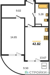 Планировка однокомнатной(квартира) площадью 42.82 квадратных метров в ЖК “ЖК Дом‐Мегалит в Королёве”