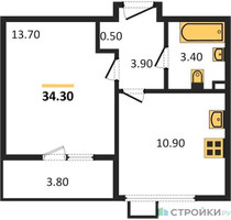 Планировка однокомнатной(квартира) площадью 34.3 квадратных метров в “ЖК Первый Лермонтовский”