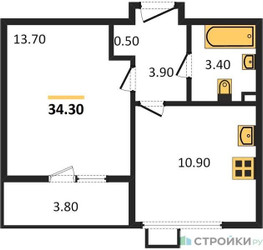 Планировка однокомнатной(квартира) площадью 34.3 квадратных метров в ЖК “ЖК Первый Лермонтовский”