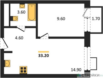 Планировка однокомнатной(квартира) площадью 33.2 квадратных метров в ЖК “ЖК Foreville (Форевилль)”