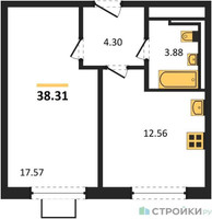 Планировка однокомнатной(квартира) площадью 38.31 квадратных метров в “ЖК Прибрежный Парк”