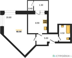 Планировка однокомнатной(квартира) площадью 41.4 квадратных метров в “ЖК Три квартала”
