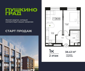 Планировка однокомнатной(квартира) площадью 38.43 квадратных метров в ЖК “ЖК Пушкино Град”