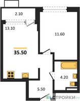 Планировка однокомнатной(квартира) площадью 35.5 квадратных метров в “ЖК Прокшино”