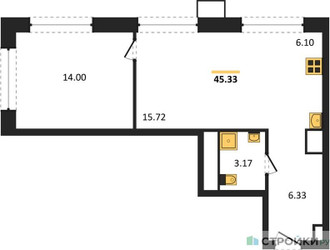 Планировка однокомнатной(квартира) площадью 45.32 квадратных метров в ЖК “ЖК EvoPark Сокольники”