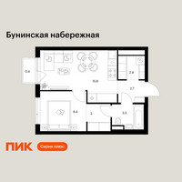 Планировка однокомнатной(квартира) площадью 36.7 квадратных метров в “Бунинская набережная”