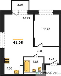 Планировка однокомнатной(квартира) площадью 41.05 квадратных метров в ЖК “ЖК Прибрежный Парк”