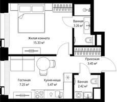 Планировка однокомнатной(квартира) площадью 37.18 квадратных метров в “ЖК Веер”