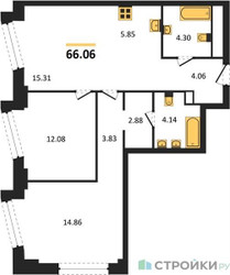 Планировка двухкомнатной(квартира) площадью 66.06 квадратных метров в ЖК “ЖК Moments (Моментс)”