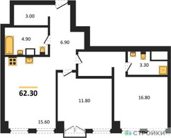 Планировка двухкомнатной(квартира) площадью 62.3 квадратных метров в “ЖК Emotion (Эмоушен)”