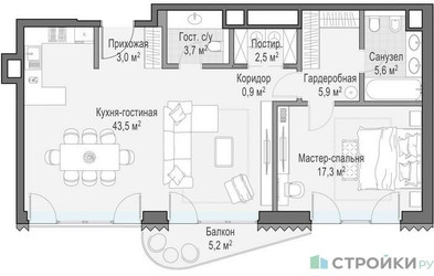 Планировка однокомнатной(квартира) площадью 82.8 квадратных метров в “ЖК Лаврушинский”
