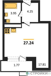 Планировка студии(квартира) площадью 27.24 квадратных метров в ЖК “ЖК Радость (Радумля Парк)”