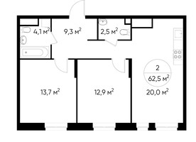 Планировка двухкомнатной(квартира) площадью 62.5 квадратных метров в “ЖК Первый Московский”