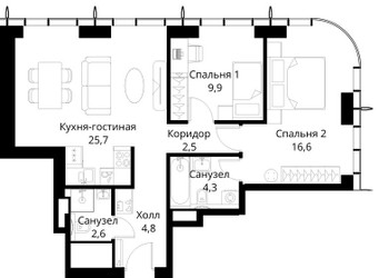 Планировка двухкомнатной(квартира) площадью 66.4 квадратных метров в ЖК “ЖК Сити Бэй”