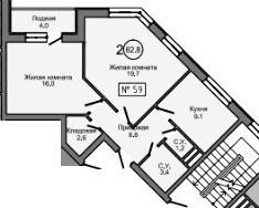 Планировка двухкомнатной(квартира) площадью 65.2 квадратных метров в ЖК “ЖК Терра”