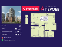 Планировка двухкомнатной(квартира) площадью 34.5 квадратных метров в “ЖК Героев”